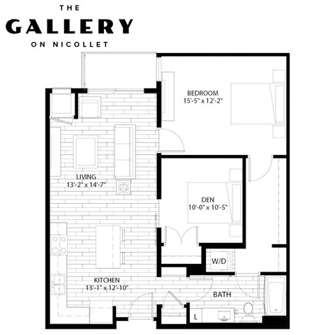 Floor plan for 2 beds, 1 bath, 963 sqft